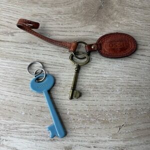 Vintage FOSSIL Brown Leather LOCK & KEY Hanging Fob & Turquoise Key Charm Set